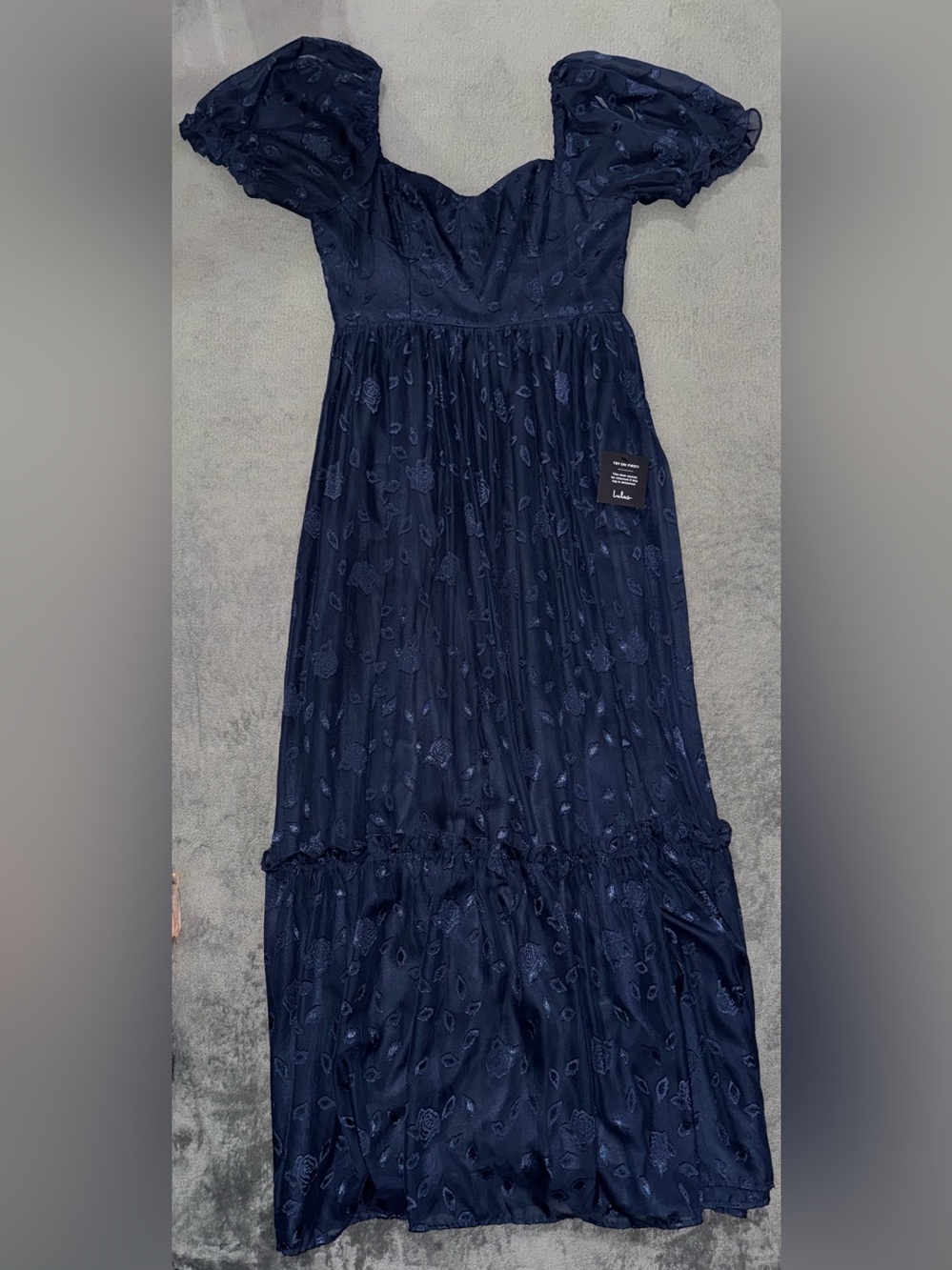Lulus Navy Blue Floral Jacquard Puff Sleeve Maxi Dress NWT